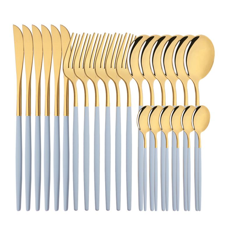 6People Luxury Gold Dinnerware Set Stainless Steel Tableware Set Knife Fork Spoon Flatware Cutlery Set Silverware Bright Light