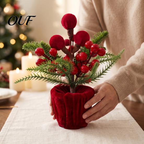 Holiday Desk Decorations Velvet Christmas Ball Potted Plants, Mini Tree with Artificial Pine, Tabletop Red Berry, Fabric Bow, Centerpiece for