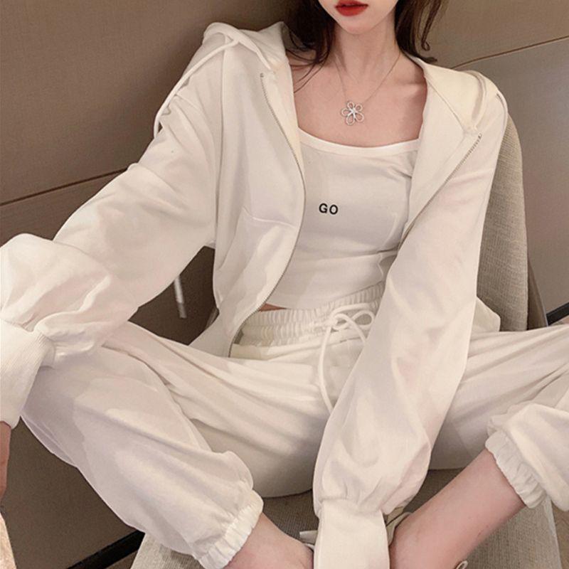 Age-Defying Slim Fit Women's Spring & Autumn Korean Fashion Hooded Three-Piece Running Set