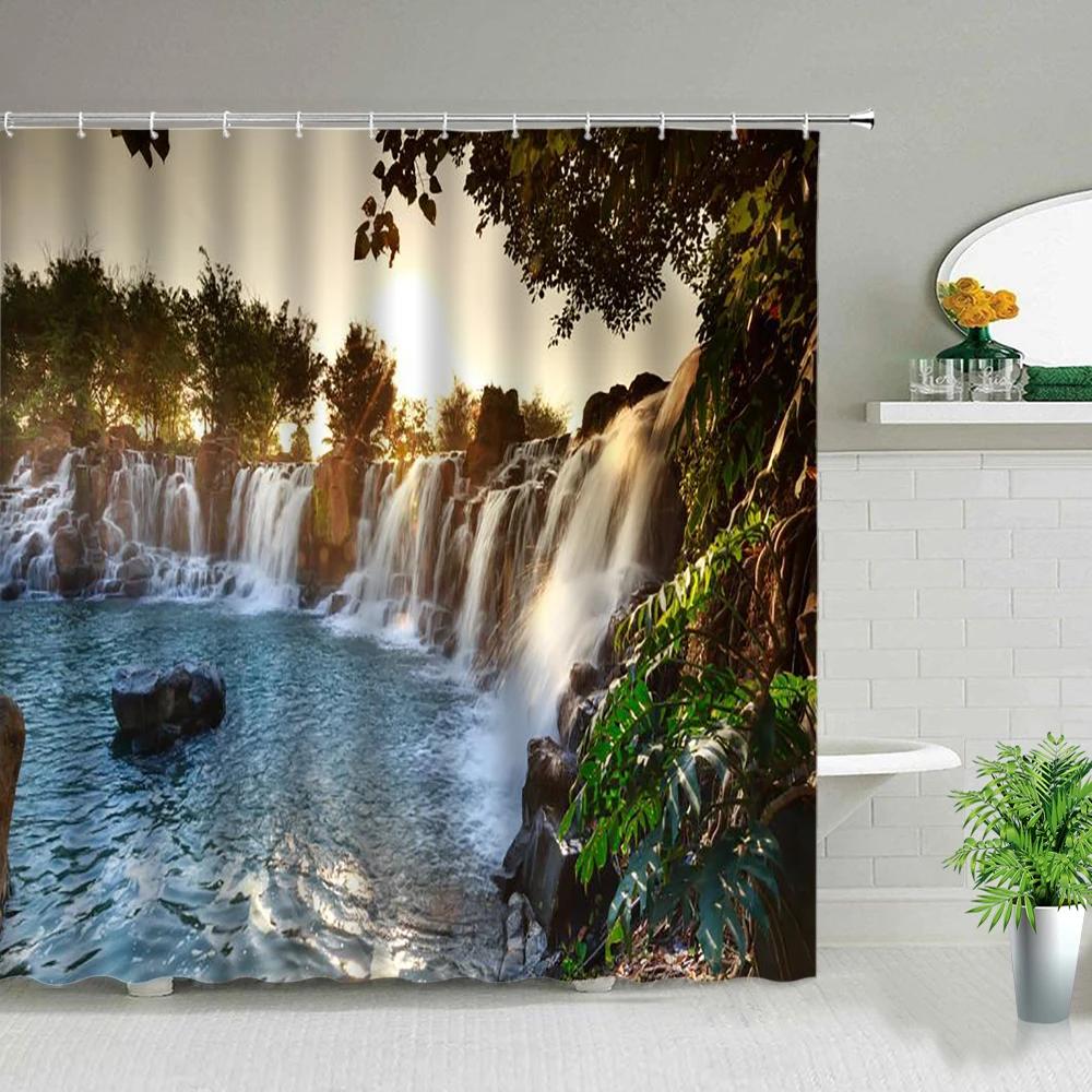 Natural Scenery Shower Curtain Set Waterfall Spring Landscape Home Bathtub Decor Waterproof Polyester Cloth Bathroom Curtains