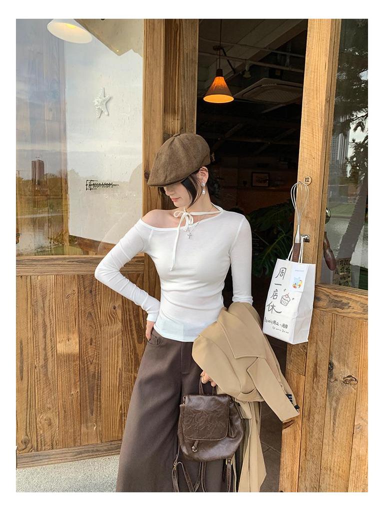 Petite Korean Halter Neck Off-Shoulder Long Sleeve Women's Shirt, Autumn Winter 2025 Collection