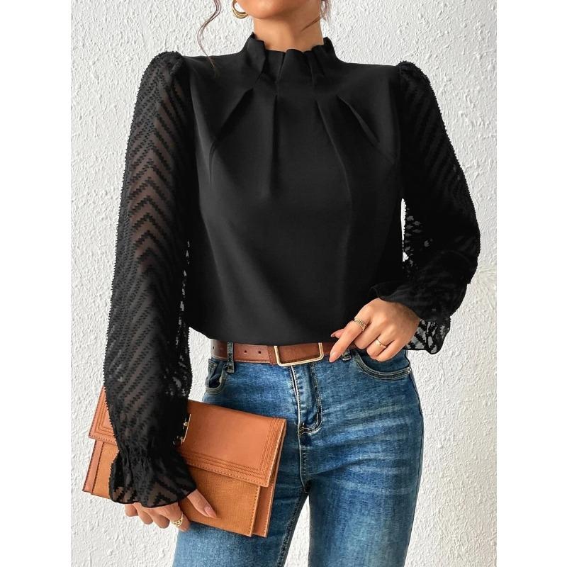 Women S Half High Neck Wavy Chiffon Long Sleeve Loose Blouse
