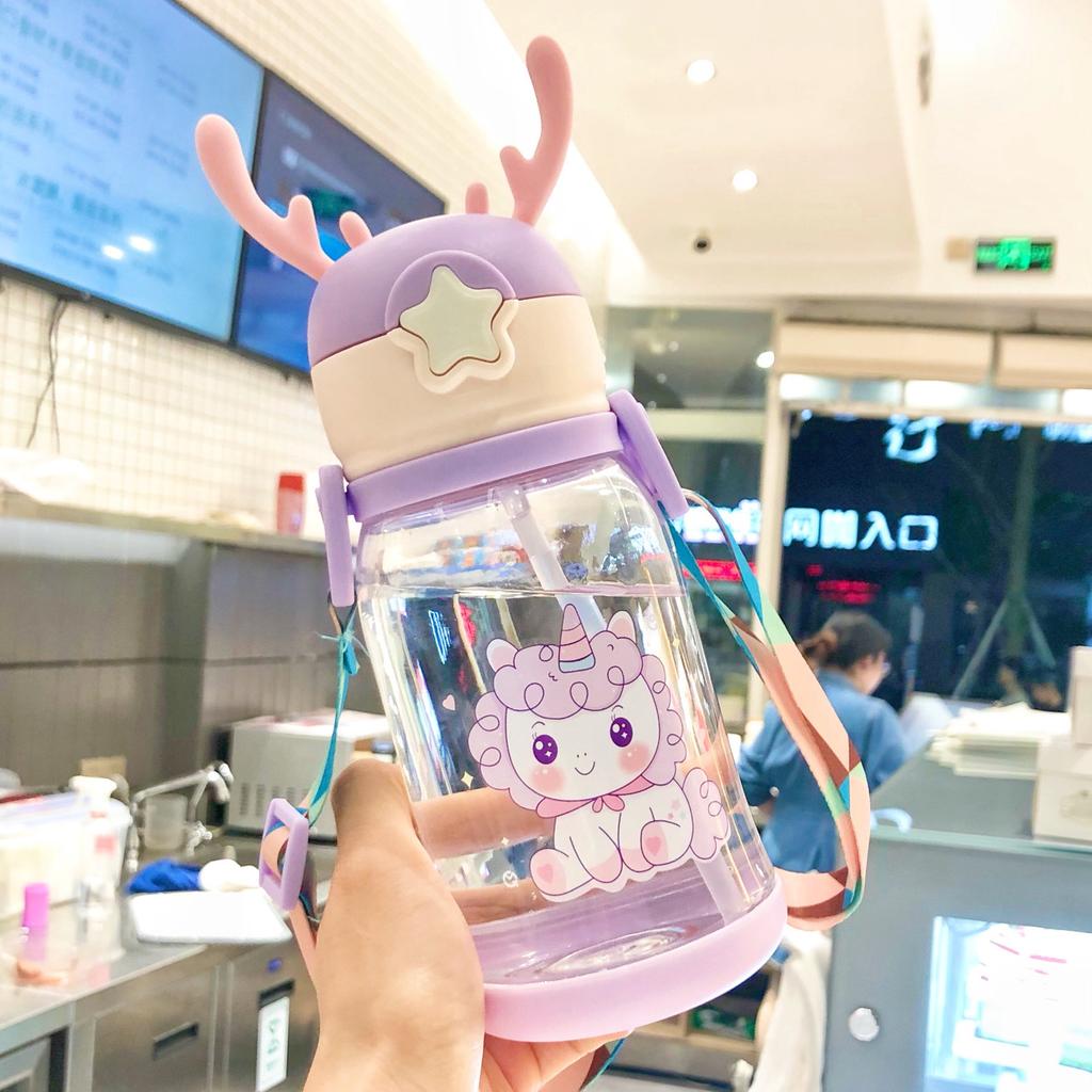 Large Capacity Kids Water Bottle for School Children Cartoon Backpack Strap Straw Cup 500ml KTY