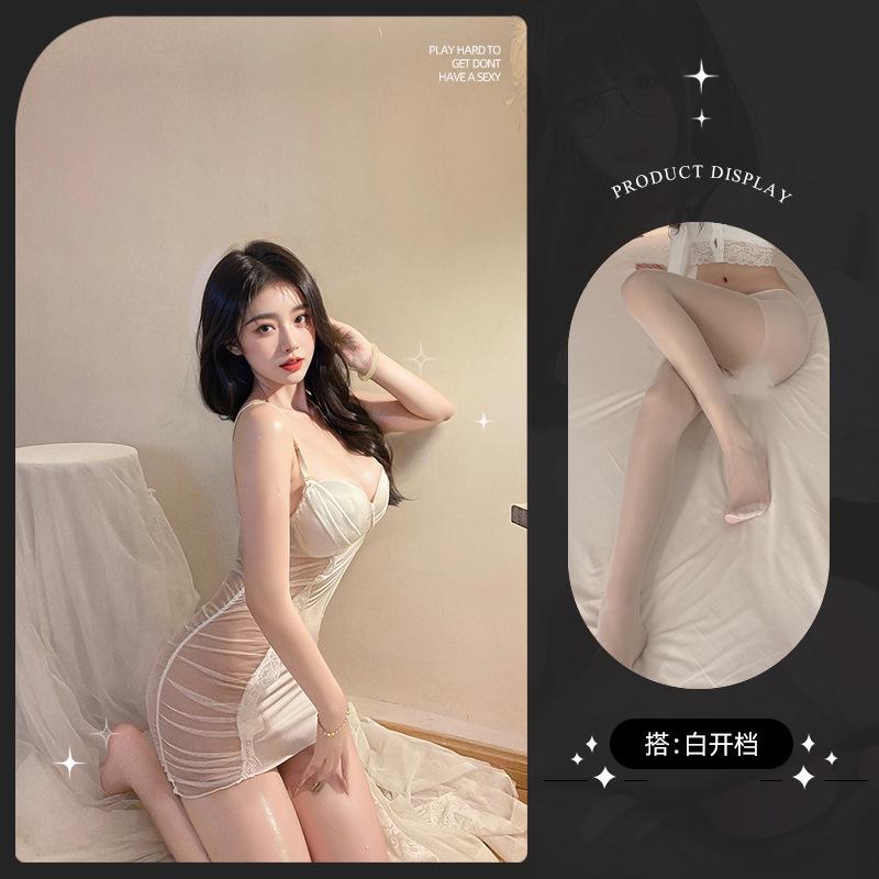 Sexy lingerie sexy deep vA wrinkled mesh perspective seduction hot suspender nightdress set