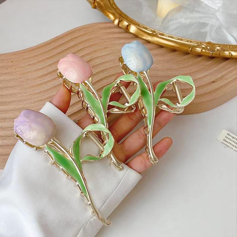 New Tulip Hair Claw Flower Grace Shark Clip Headdress Vintage Ponytail Claw Clip Trendy Sweet HAIR CLIP FOR GIRL Hair Jewelry