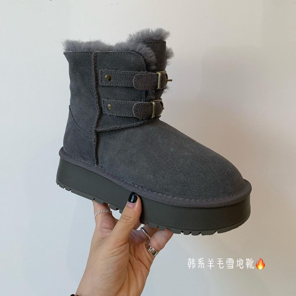 New leather wool metal buckle thick-soled muffin snow cotton boots thickened warm short boots small women's shoes