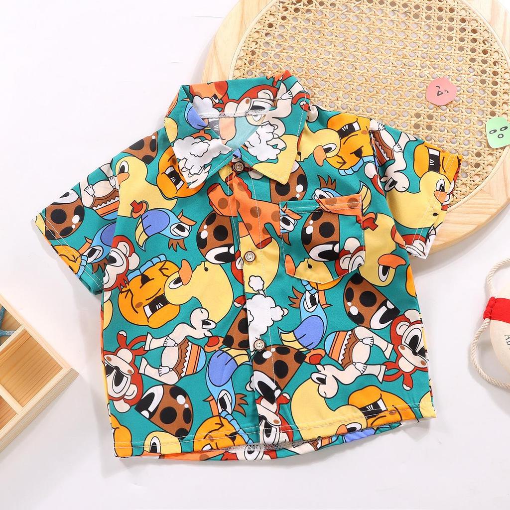 2026 Summer Short Sleeve Shirts for Boys and Girls Baby Spring Lapel Cartoon Top for Children Floral Shirt