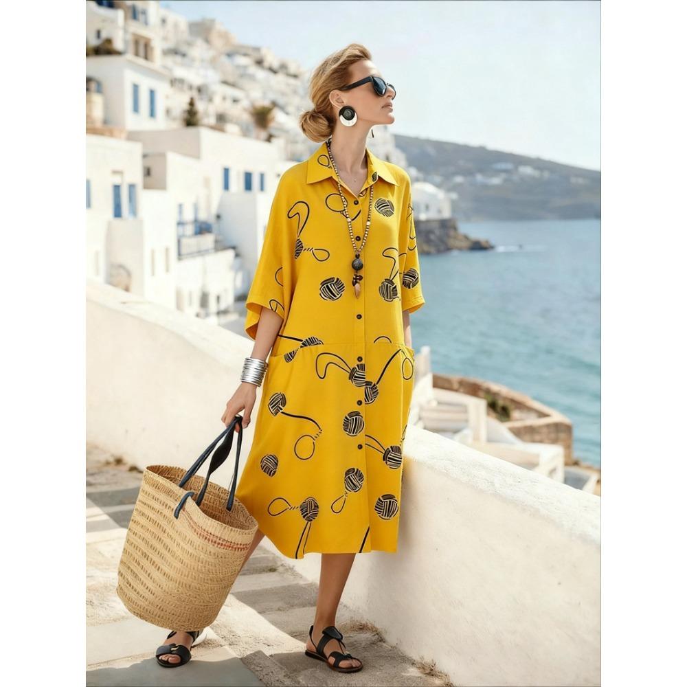 

New Style Oversized Double-pocket Blouse Dress for Women, Loose-fitting Skirt S жёлтый