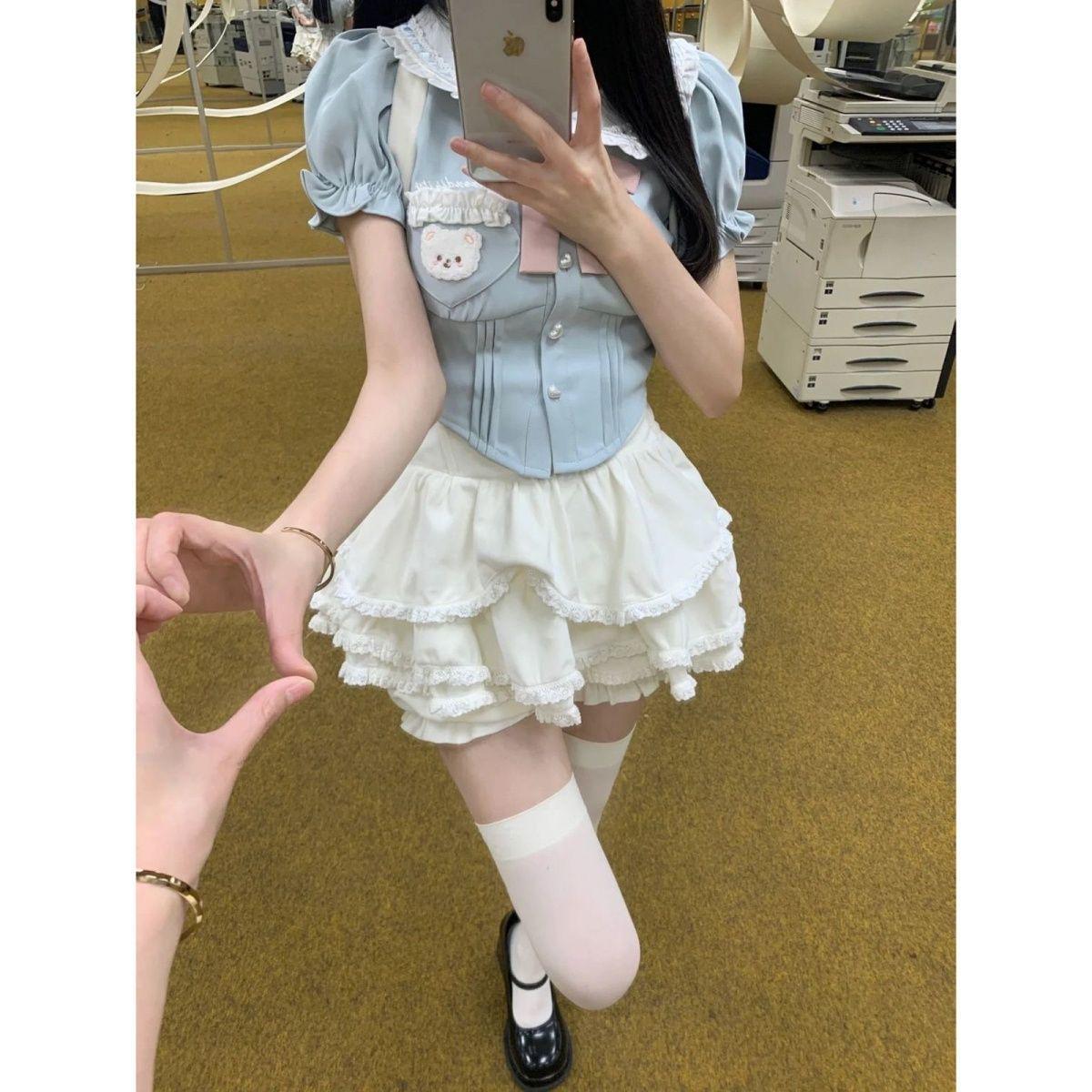 Preppy Peter Pan Collar Puff Sleeve Shirt & Suspender Skirt Set Large