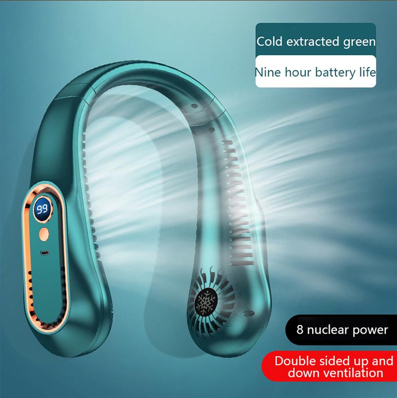 

USB Rechargeable Silent Fan Portable Cooling Neck Leaf Free Hanging Neck Fan LED Digital Display of Battery Level for Sport Work зелений