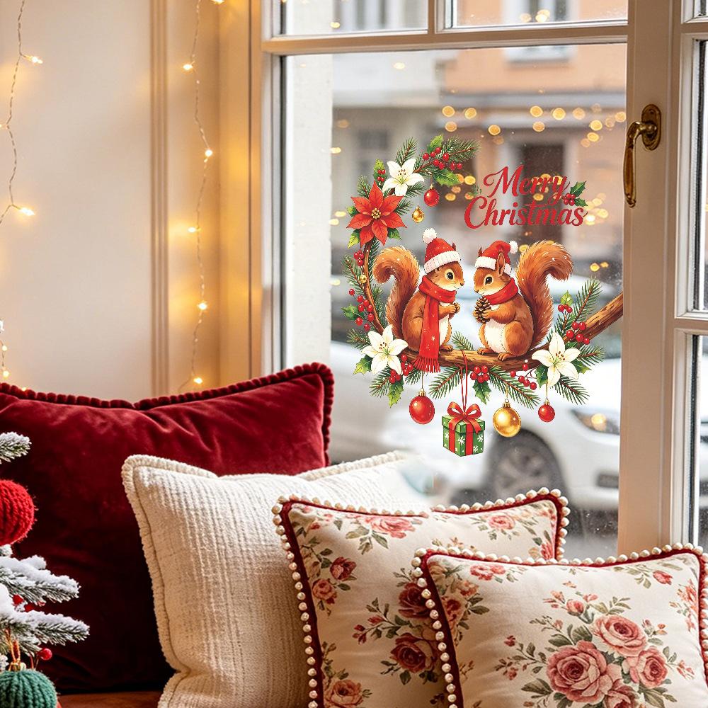 Watercolor Christmas Sticker Squirrel Wreath on Balcony Glass Window for Home Decoration and Beautification Window Sticker