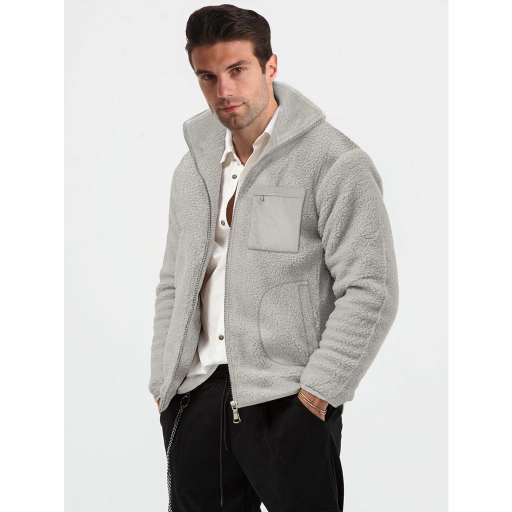 Men's Winter Autumn Thick Fleece Jacket Stand Collar Zipper Sherpa Lined Warm Casual Outerwear