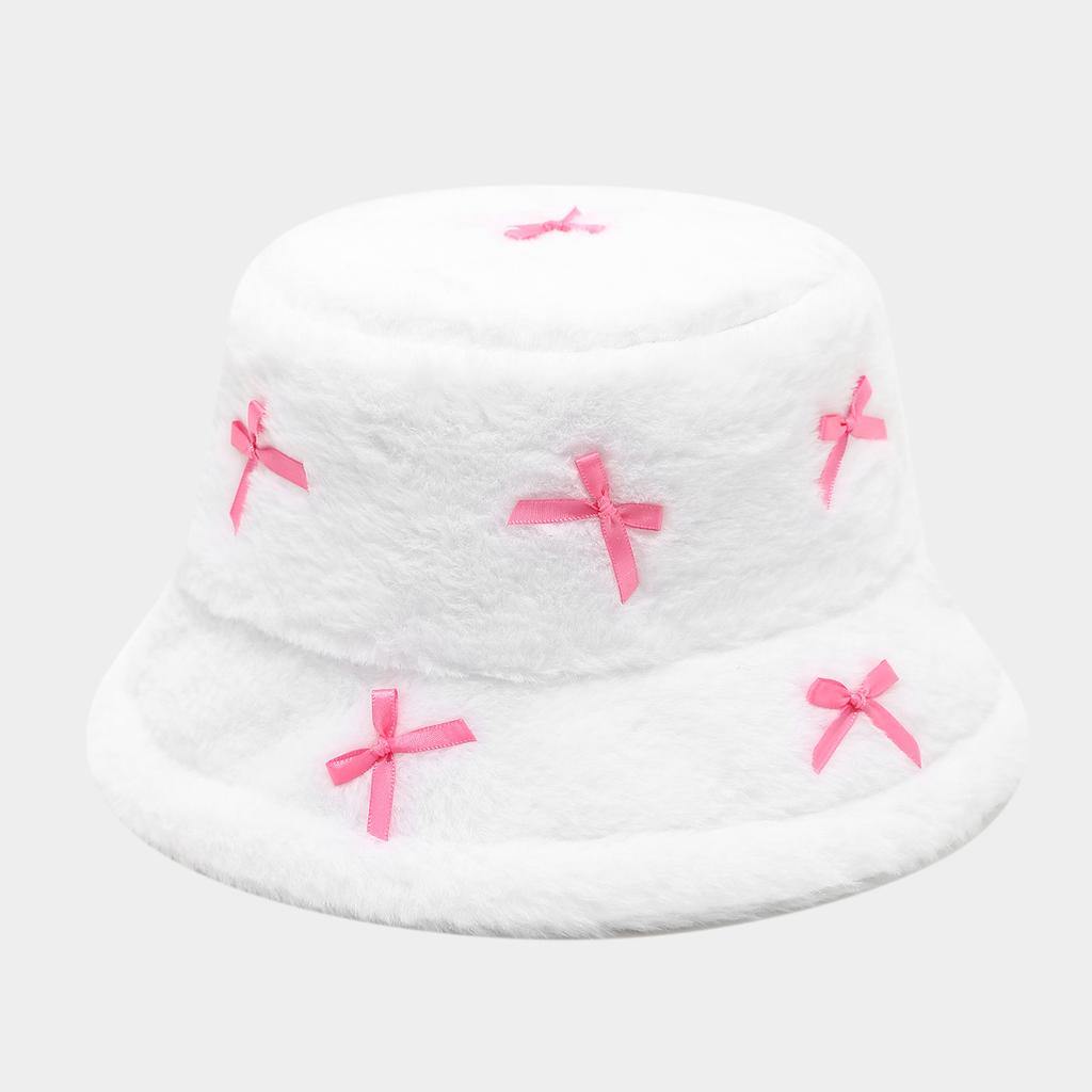 Literary And Artistic Style Fresh And Girlish Bow Tie Plush Fisherman Hats Female Trend Street Versatile Basin Cap