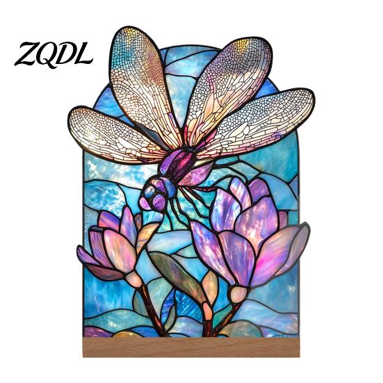Artistic Tabletop Accents Stained Glass Style Acrylic Table Centerpieces, Floral & Landscape Pattern Exquisite Room Decor Sign with Wood Base for Home