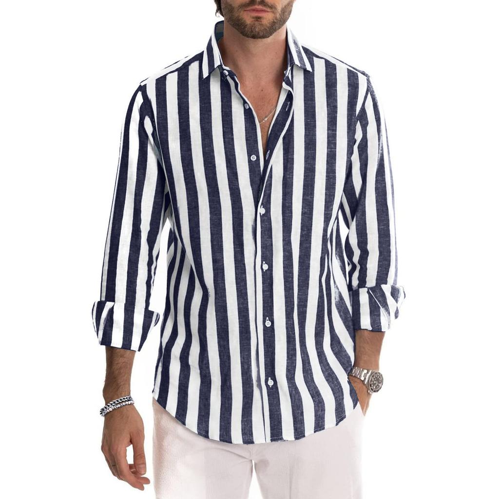 Men's Long Sleeves Flip Collar Stripes Loose Shirt
