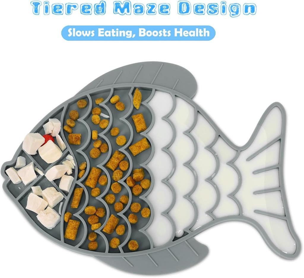 2 Pack Slow Feeder Cat Bowls, Fish-Shaped Silicone Puzzle Kitten Puppy Dog Feeders Non-Slip Design Lick Mat for Healthy Eatting