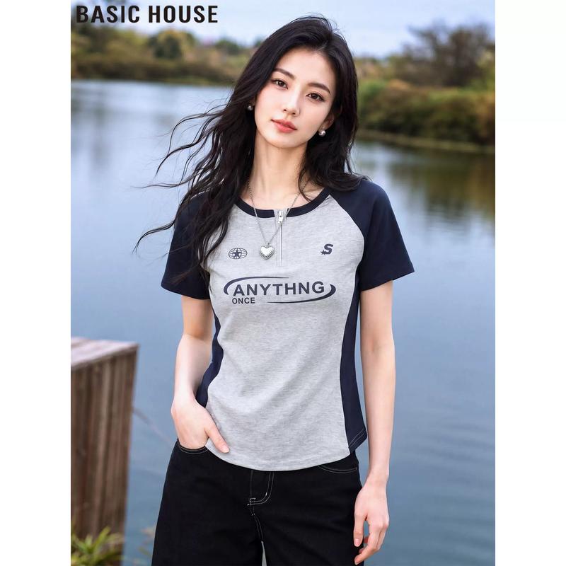 Basic House Women's Color Block Letter Print Cotton T-Shirt
