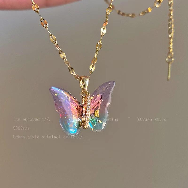 Colorful Crystal Butterfly Charm Necklace Simple Insect Clavicle Chain For Women Girl Fashion Jewelry Accessories Gift