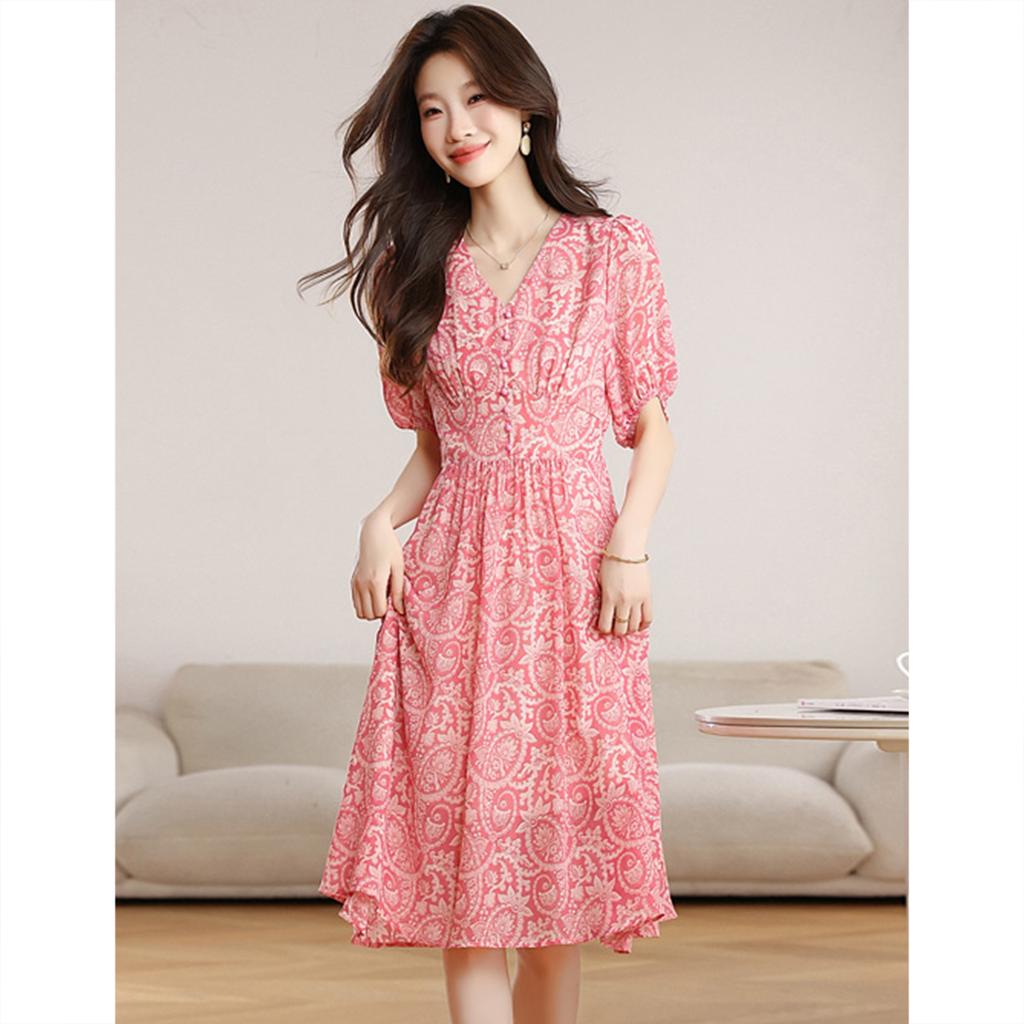 Short-Sleeved Chiffon Floral Dress for Short Stature In Summer