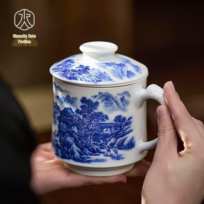 Jingdezhen Blue and White Ceramic Tea Cup with Lid & Infuser