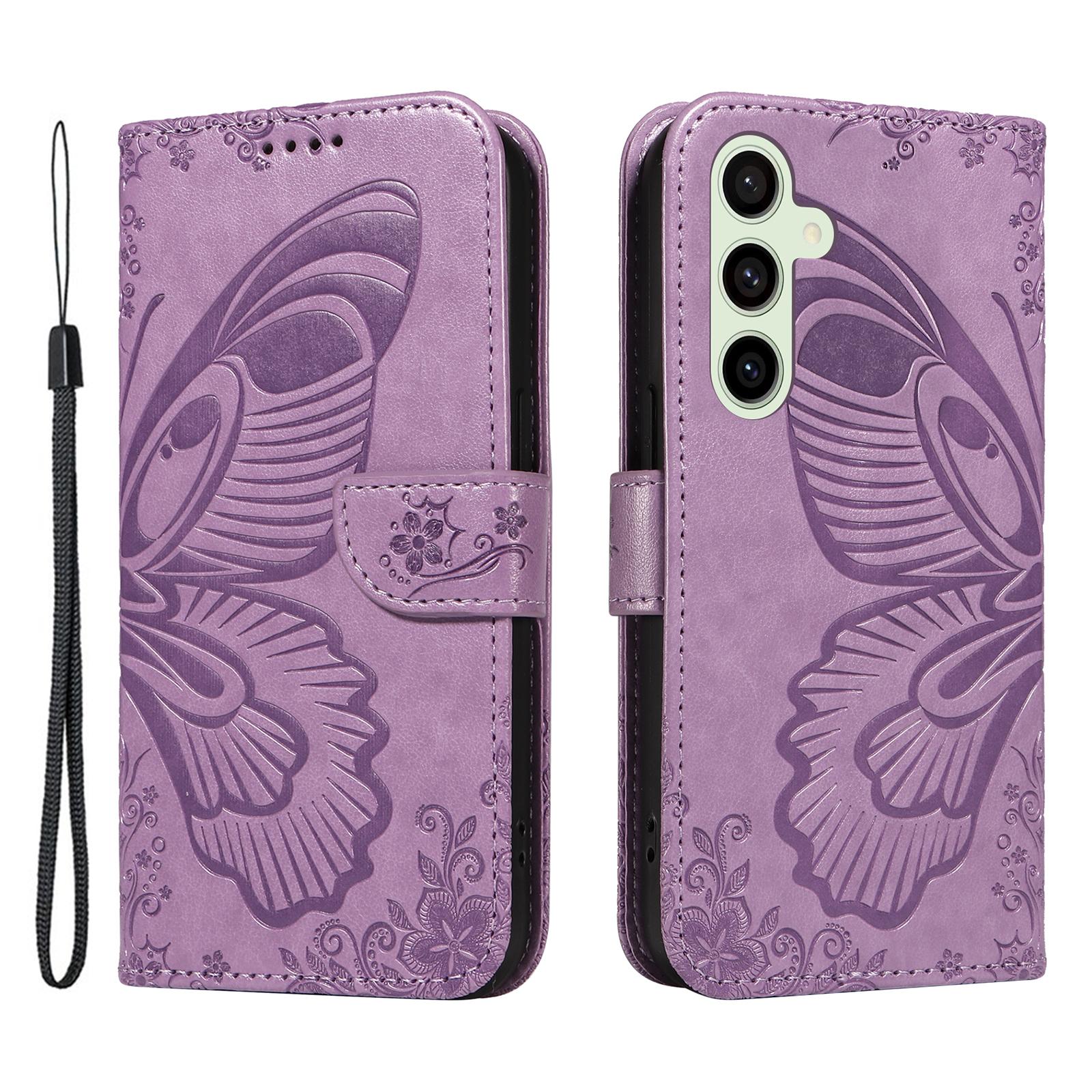 

For Samsung Galaxy S24 FE Case Stand PU Leather Wallet Phone Cover Butterfly Pattern Light Purple