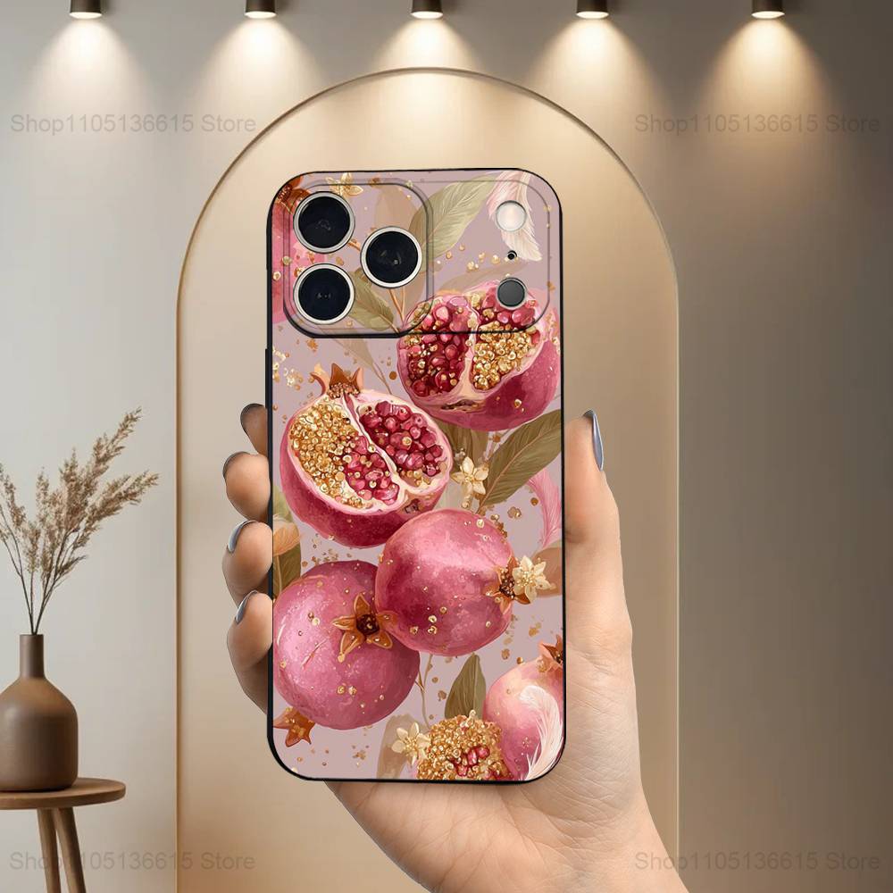 Tasty Fruit Pomegranate Case For iPhone 11,12,15,14,13,16,17,Plus,Pro Max,XS,X,XR,SE,Mini,8,7,Soft Silicone Black