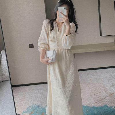 Vintage Fashion Elegant Puff Sleeve Midi Dresses For Women Summer Sequins A Line Party Dress V Neck Elegant Fairy Wedding Long Dress 20586