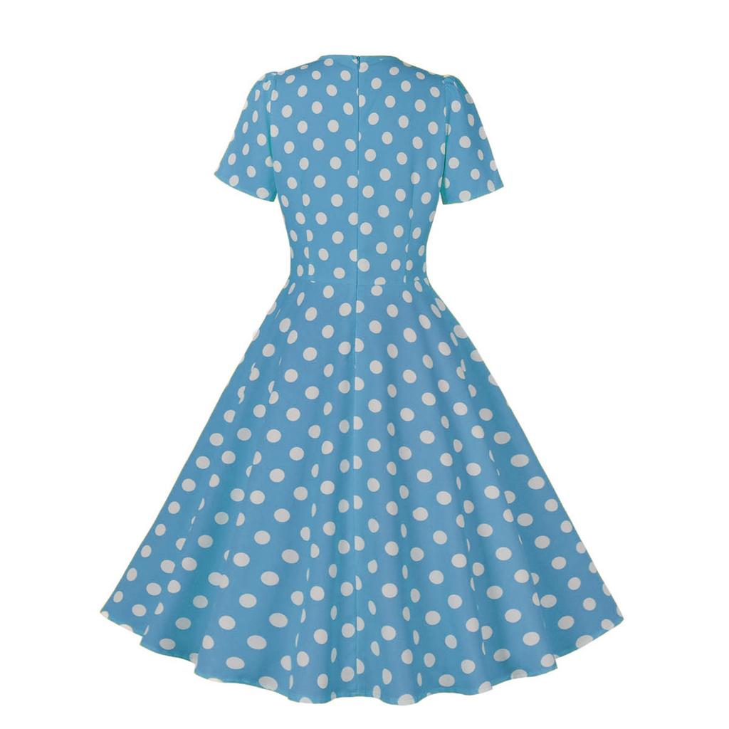 Women's Round Neck Bow Tie Polka Dot Short Sleeve Retro Swing Dress