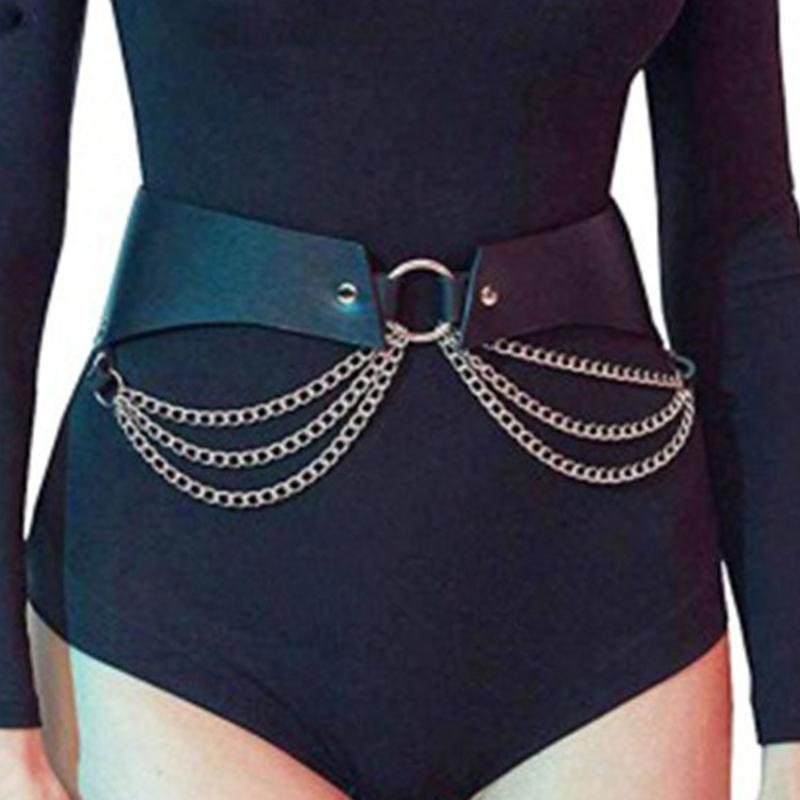 Gothic Waist Chain Alloy and PU Leather Body Chains with Multi Layer Chain Decor Body Straps Accessories for Women Girl