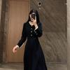 Women's Large Hepburn-Style Black Corduroy Dress: 2024 Autumn/Winter, Waist-Slimming Mid-Length
