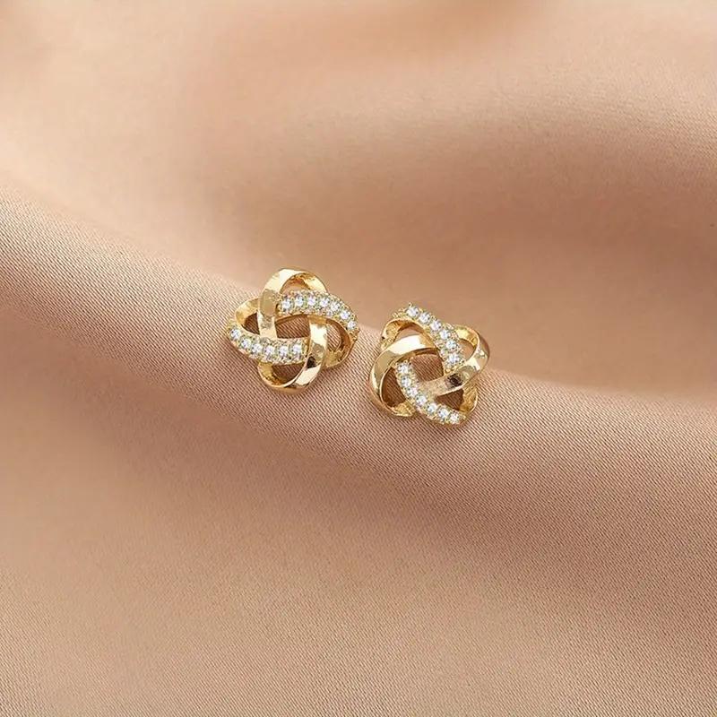 Huitan Elegant Gold Color Stud Earrings Cross Knot Design Women Party Wedding Stylish Accessories Chic Wedding Jewelry with CZ