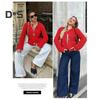 Knit Cropped Cardigan Sweater V-Neck Long Sleeve Buttons Down Loose Fit Sweater Coat with Pockets Solid Color Knitwear