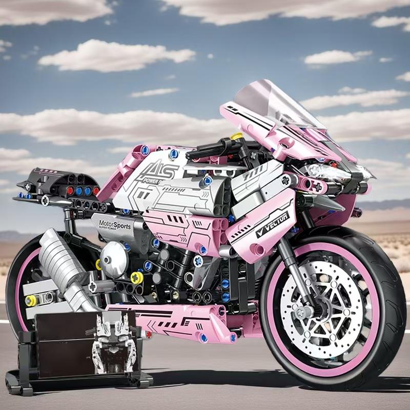 Non-Toxic 1860 Pieces Of Building Blocks Pink Motorcycles Super Cool Futuristic Style Technological Design Easy To Assemble And Operate