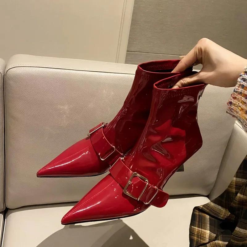 Fashion Eilyken Design Sexy Pointed Toe Belt Buckle Women Ankle Boots Thin Heels Patent Leather Autumn Zipper Party Shoes