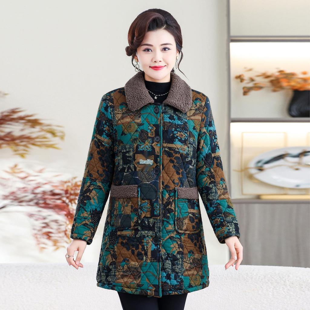 Autumn/Winter 2025 Mid-Length Plus Velvet Cotton Jacket for Stylish Middle-Aged and Elderly Women