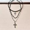 Vintage Gothic Cross Leather Beaded Necklace Multilayer Stacked Chain Niche Clavicle Chain Pendant Accessories