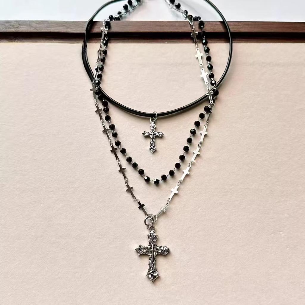 Vintage Gothic Cross Leather Beaded Necklace Multilayer Stacked Chain Niche Clavicle Chain Pendant Accessories