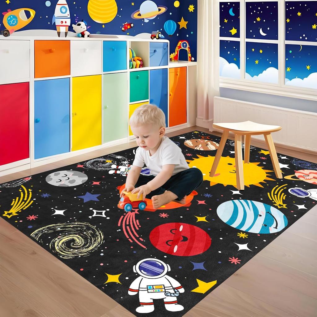 Solar System Rug for Kids - Galaxy Themed Playroom Carpet, Non-Slip Planet Print Floor Mat for Boys Bedroom, Classroom Decor