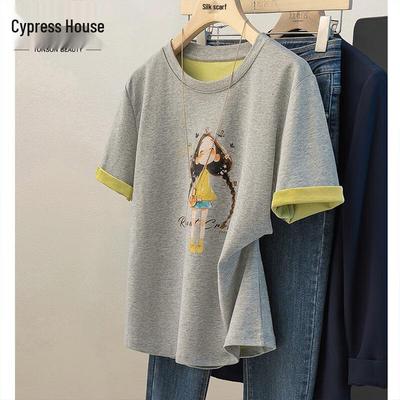 Women's Cartoon Print Contrast Round Neck T-Shirt