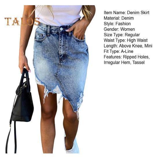 Women Summer Denim Skirt High Waist Button Zipper Fly Mini Skirt Ripped Holes Irregular Hem Hip Wrapped Skirt Streetwear