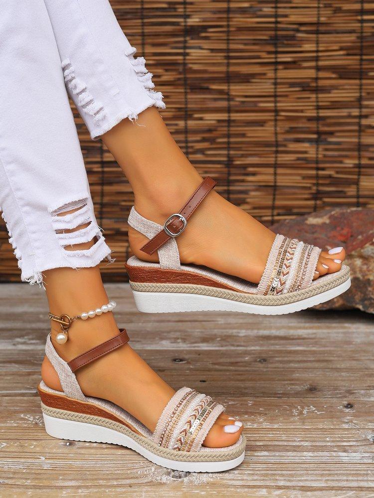Large size wedge heel fish mouth sandals bohemian buckle belt women's shoes summer platform beach women