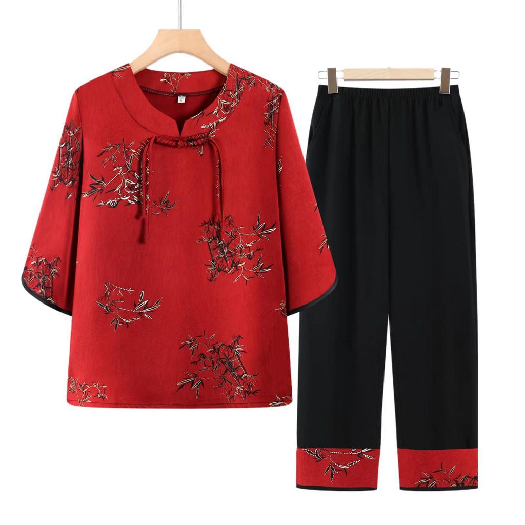 Chinese Style Summer Two-Piece Set: Short-Sleeved Outfit for Middle-Aged & Elderly Women