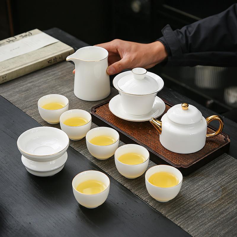 Suet Jade White Porcelain Tea Set, High-grade Light Luxury Kung Fu Tea Cup, Office Cover Bowl, Tea Cup, Boutique Tea Ceremony