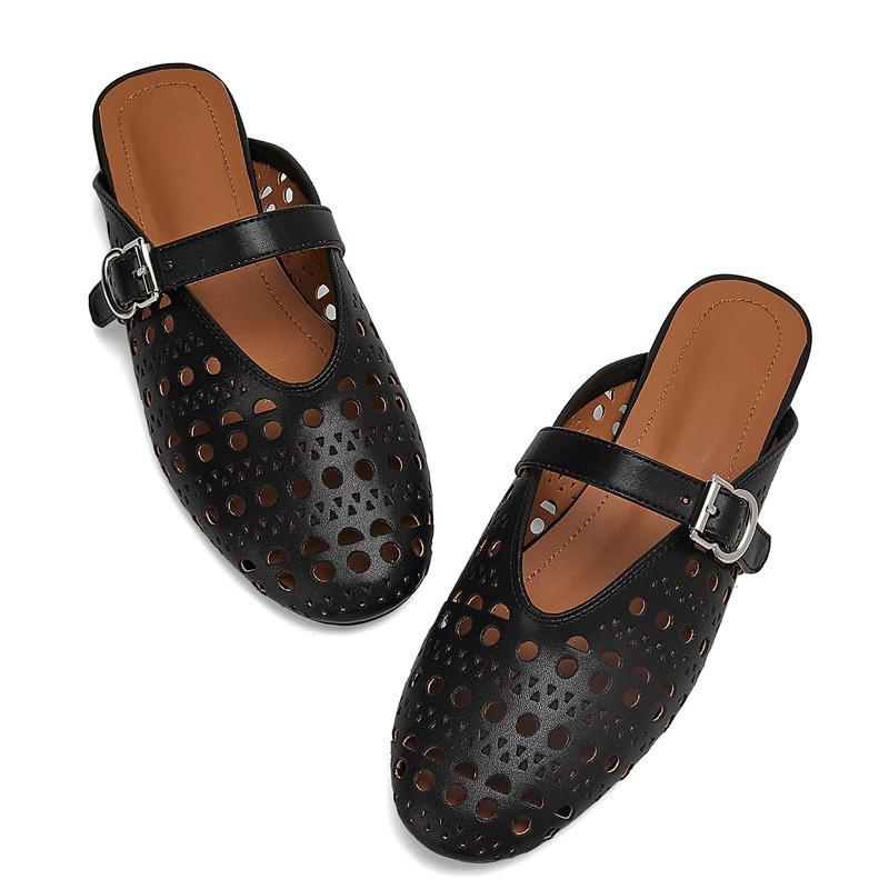 Fashion Summer Belt Buckle Hollow Out Flat Bottom Slippers Comfortable Women Low Heel Commuting Student Shoes Geometric Pattern Sandals