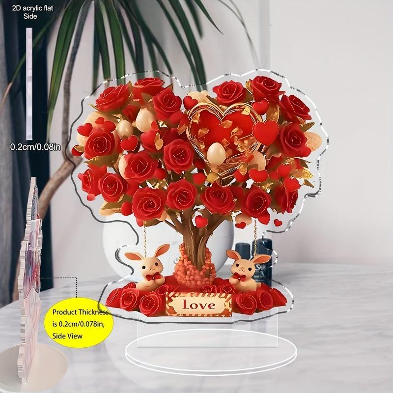 Bohemian-Style Crystal Heart-Shaped Rose Tree with Red Roses & Golden Hearts - "Love" Inscription, No Batteries Needed, Romantic Home Decor for Vale