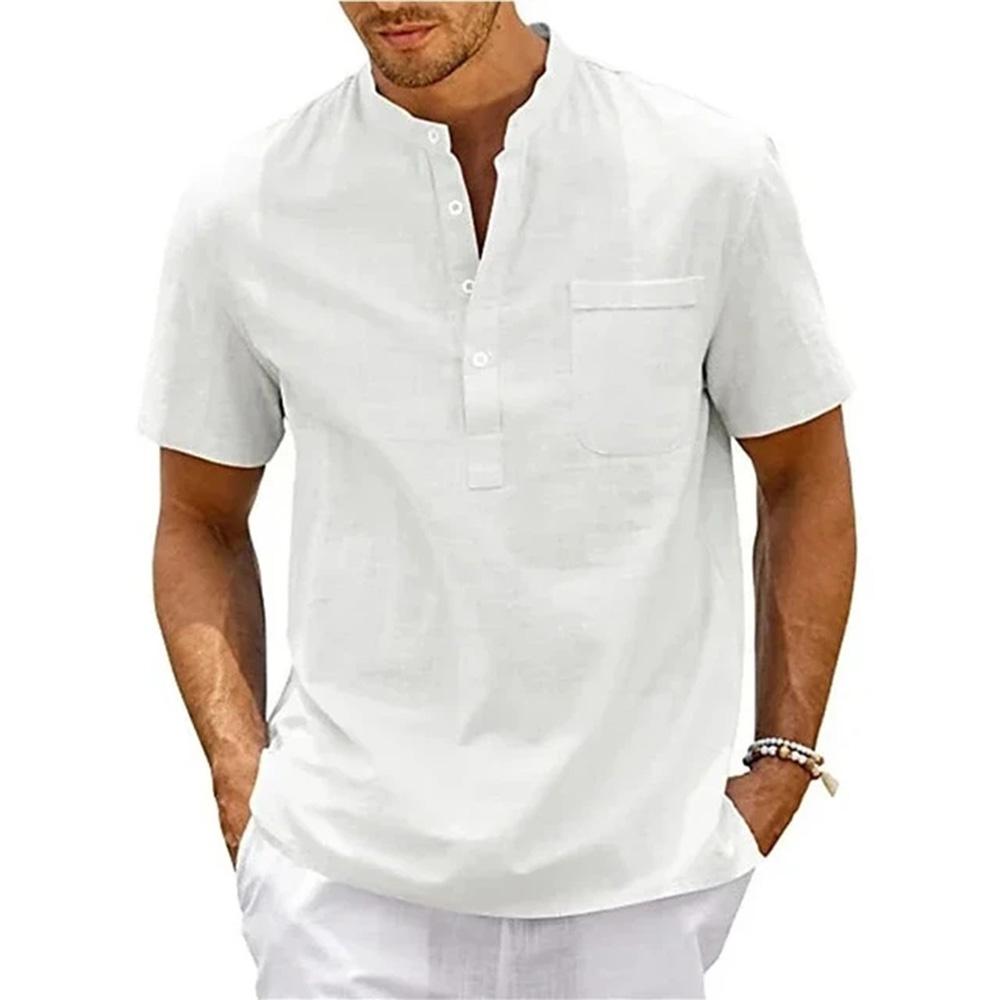 Men's Summer Shirt Cotton-Linen Stand Collar Short Sleeve Pullover