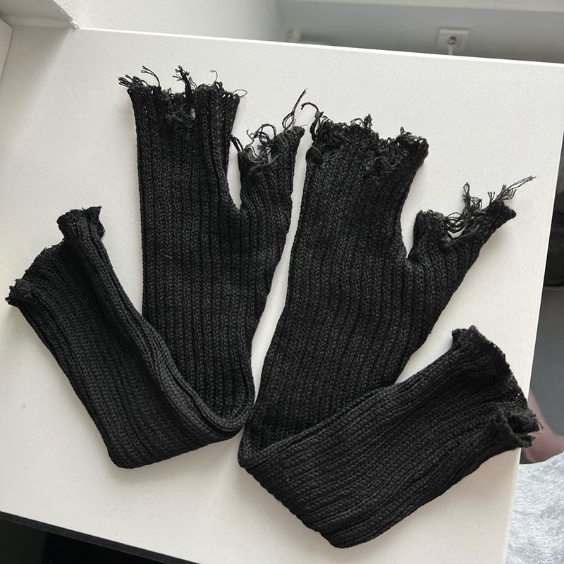 1pair Black Tattered Punk Unisex Fingerless Cuff Knit Gloves Women Men Elbow Length Mittens Broken Stretch Arm Warmer Gloves