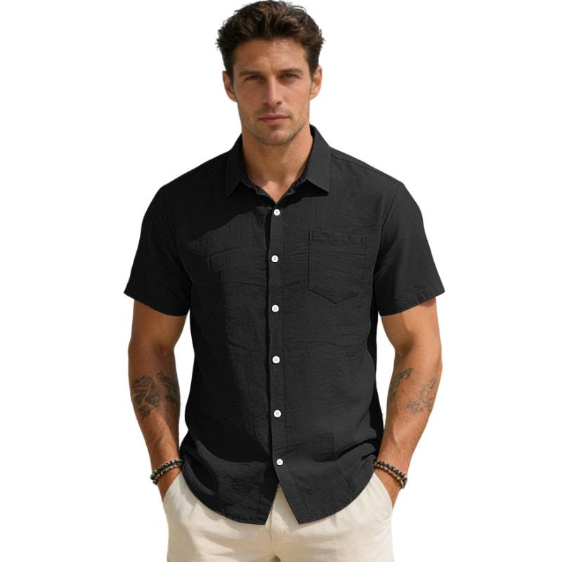 Mens Casual Solid Color Linen Blend Short Sleeve Button Up Shirt With Pocket S