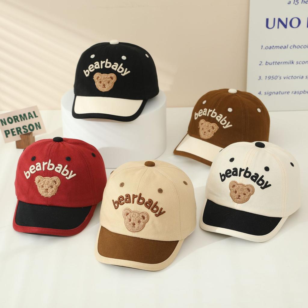 Kids Corduroy Baseball Cap Cute Bear Embroidery Short Brim Hat for Boys Girls Spring Autumn Outdoor Travel Sun Protection