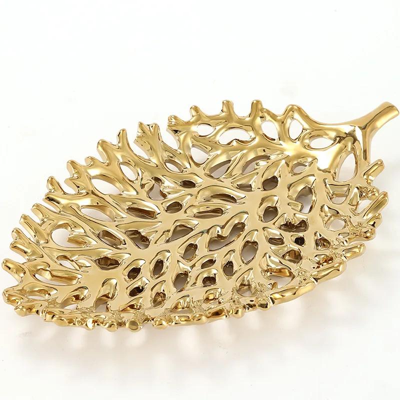 Perforowana Ceramiczna Taca na Owoce Złota Taca z Liśćmi Pojemnik do Przechowywania na Biurko Taca Liściasta Tacka do Przechowywania Akcesoria do Dekoracji Domu